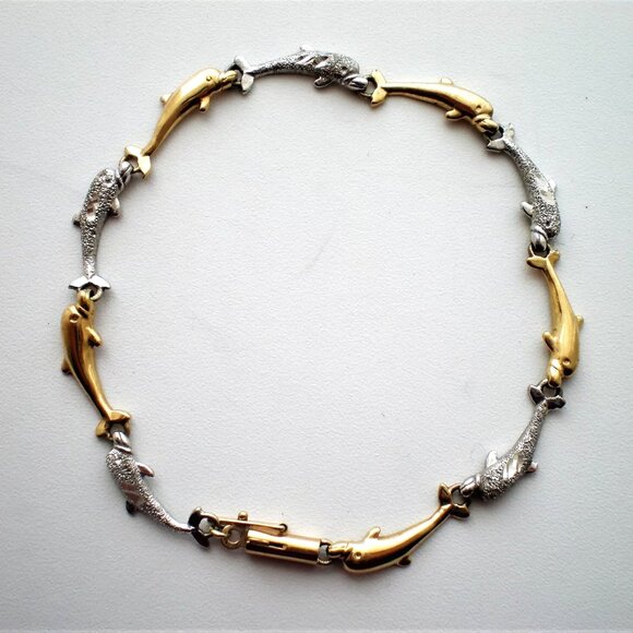 Vintage Solid 14K Yellow and White Gold Diamond Cut Dolphin Tennis BRACELET